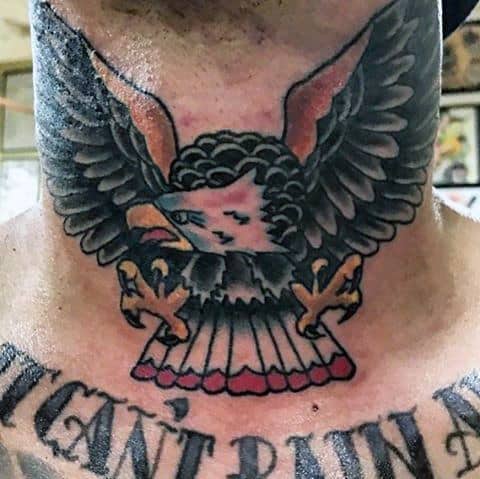 Flying Traditional Bald Eagle Mens Neck Tattoos