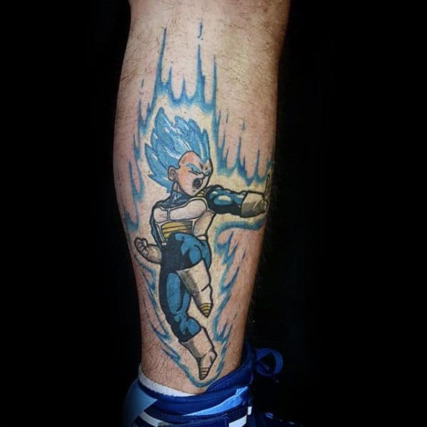 Flying Vegeta Guys Lower Leg Electric Blue Ink Tattoo Designs
