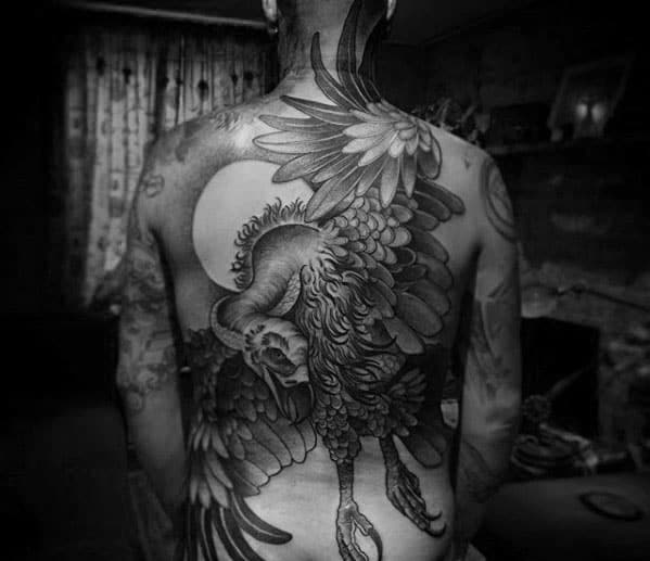 Flying Vulture With Moon Mens Full Back Tattoos