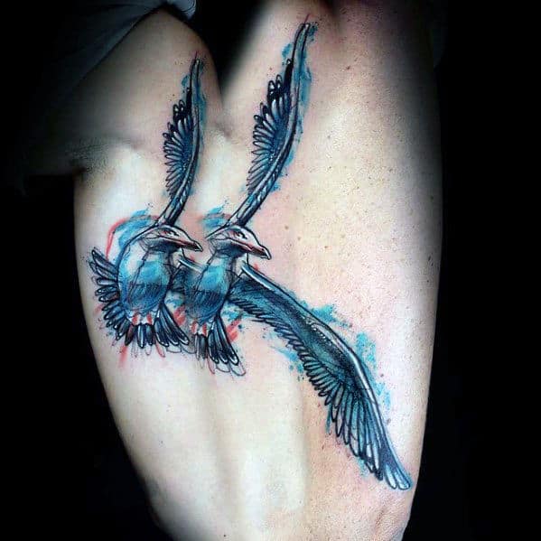 Flying Watercolor Seagull Mens Full Arm Tattoos