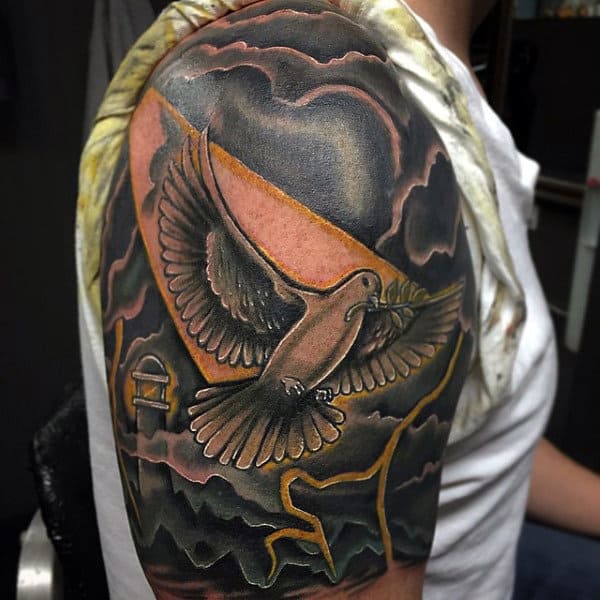 Flying White Dove Quarter Sleeves Tattoo For Guys