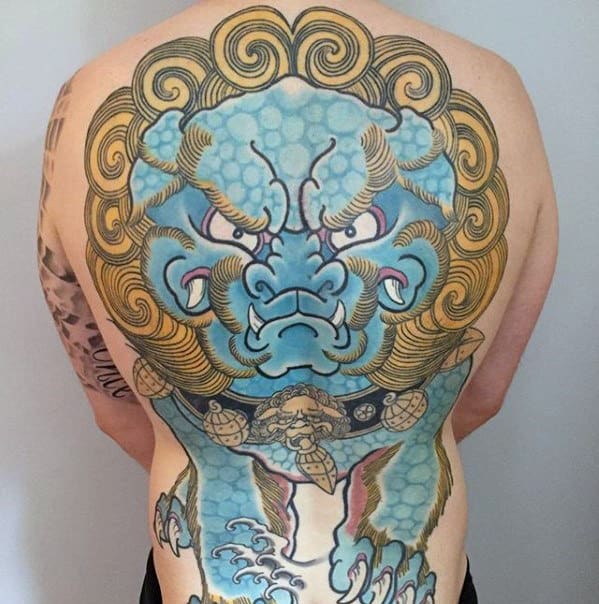 Foo Dog Cool Guys Full Back Tattoo Design Ideas