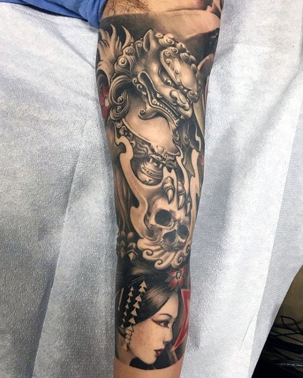 Foo Dog Skull Mens Sleeve Tattoo Ideas