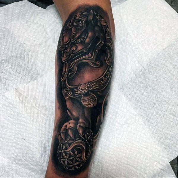 Foo Dog Statue Mens Realistic Leg Tattoos