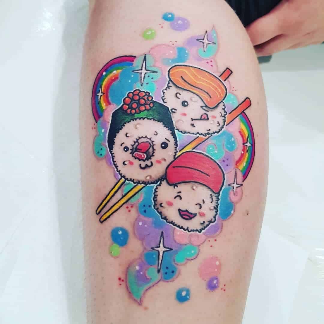 Cute sushi roll tattoos with faces, chopsticks, rainbows, and stars, surrounded by colorful bubbles