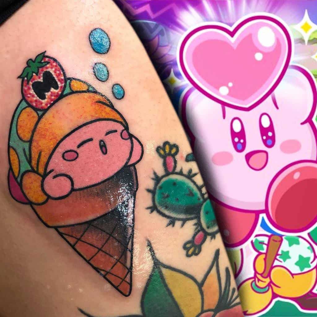 Kirby tattoo as a sleeping ice cream cone, wrapped in a blanket with a Maxim Tomato on top