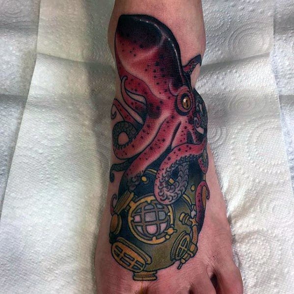 Foot Diving Helmet With Squid Traditional Guys Tattoo Designs