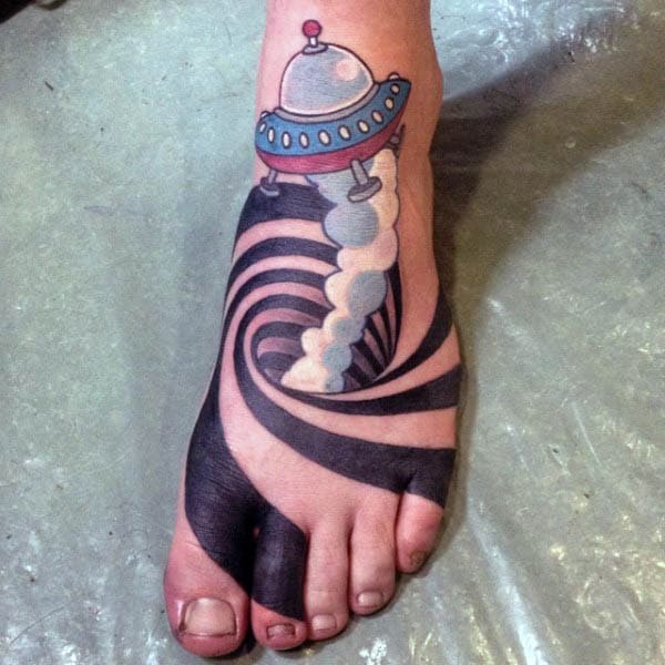 Foot Optical Illusion Spaceship Spiral Mens Tattoos
