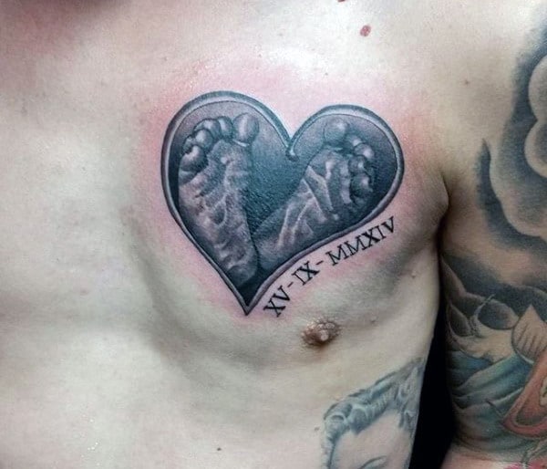 Foot Print Heart Father Son Tattoo For Men On Chest