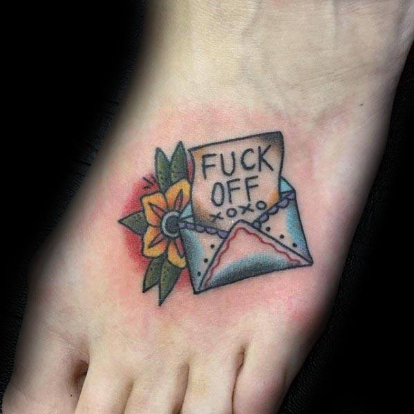 Envelope tattoo with "F* Off" and a flower elegantly inked on a foot