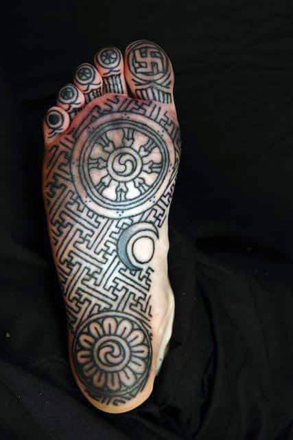 Foot Sole Dharma Wheel Mens Tattoo