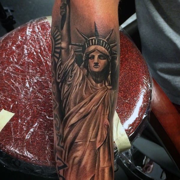 Forarem Sleeve Statue Of Liberty Black Ink Tattoo For Guys