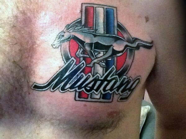 Ford Mustang logo tattoo on chest, featuring the iconic running horse, tricolor stripes, and bold "Mustang" script in a classic design.