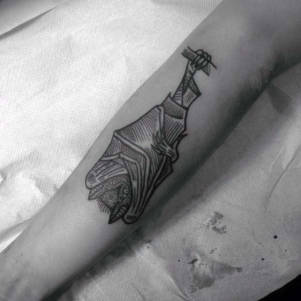Fore Arm Tattoo Of Bat With Woodcut Design On Mans Forearm