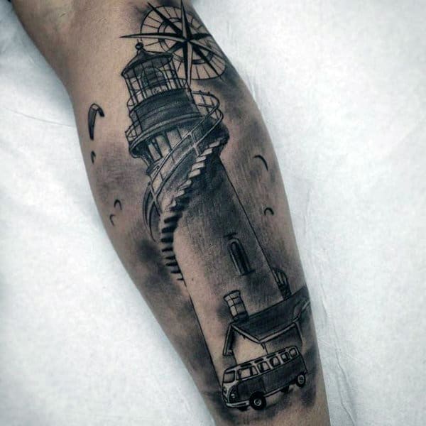 Forearem Lighthouse Tattoo With Compass For Men