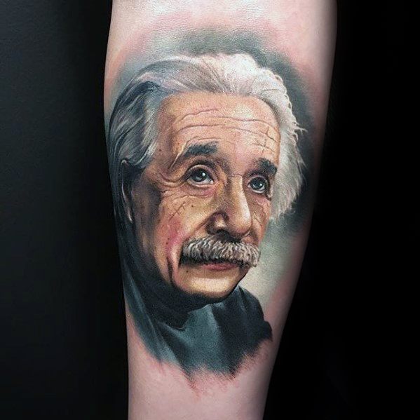 Forearm 3d Albert Einstein Tattoo Design On Man