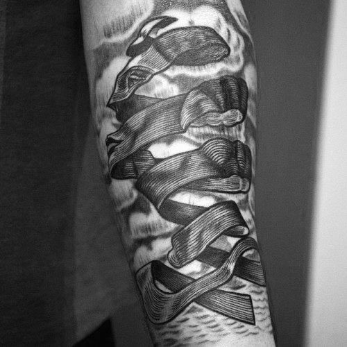 Forearm tattoo of a twisted ribbon forming the word “Faith” in an MC Escher-inspired 3D woodcut illusion style.