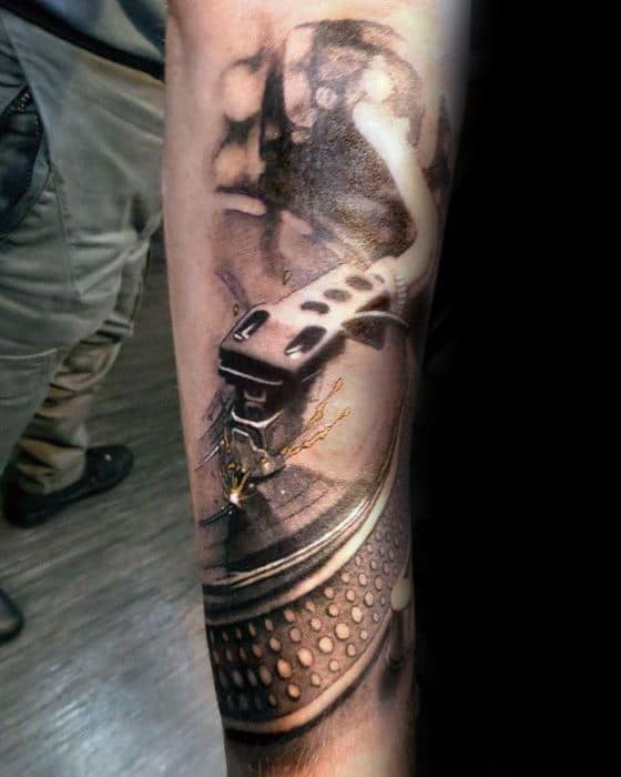 Forearm 3d Guys Vinyl Record Tattoo Design Ideas