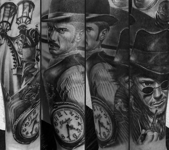 Black and white tattoo featuring a vintage style Sherlock Holmes, a pocket watch, and street lamps