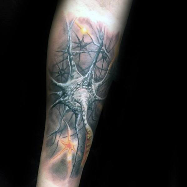 Realistic neuron tattoo on forearm with glowing yellow synapses, detailed axons, and a smoky dark background.