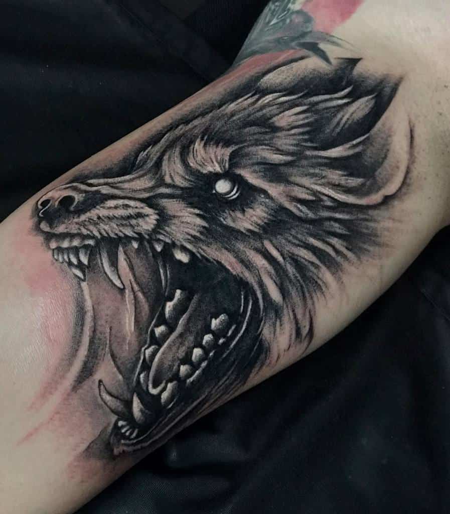 Realistic snarling wolf tattoo showcasing intense emotion and untamed energy, perfect for a bold forearm design