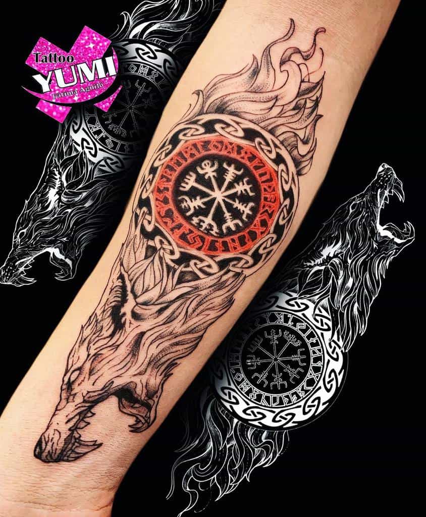Forearm tattoo of Fenrir with fiery details, a red Vegvísir compass surrounded by Celtic knots, inspired by Norse mythology
