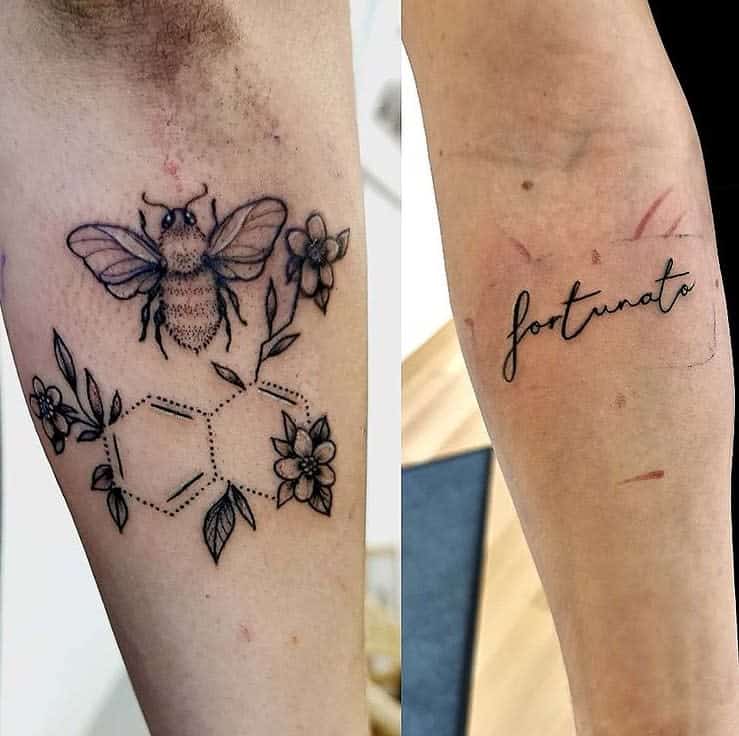 Forearm tattoo of a bee and flowers around a dotted serotonin molecule, paired with 'fortunato' script on the other arm
