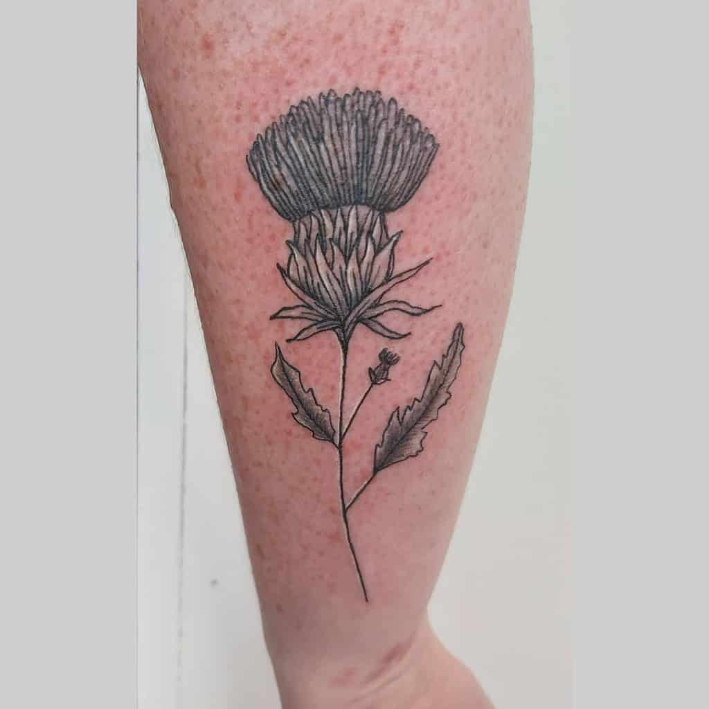 A stunning tattoo of a meticulously detailed thistle graces the person's forearm, capturing nature's splendor with every intricate line