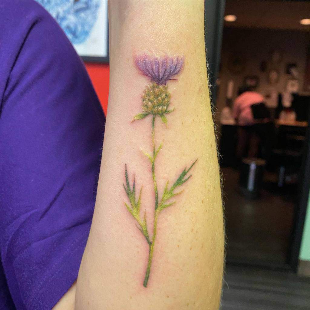 A tattoo of a vibrant purple thistle flower adorns the person's forearm