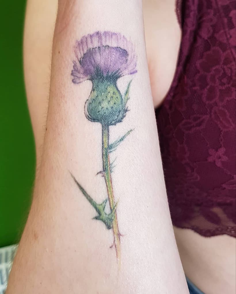 A tattoo of a vibrant purple thistle on the forearm