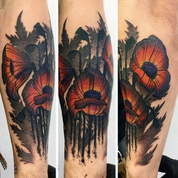 Forearm Abstract Watercolor Mens Poppy Tattoo