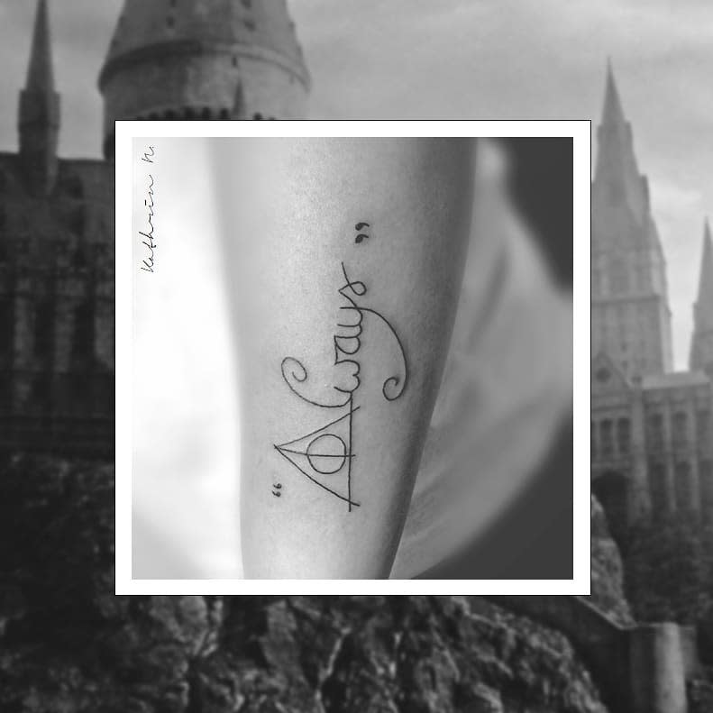 Elegant forearm tattoo with 'Always' in cursive and a subtle Deathly Hallows symbol, inspired by Harry Potter's timeless quote