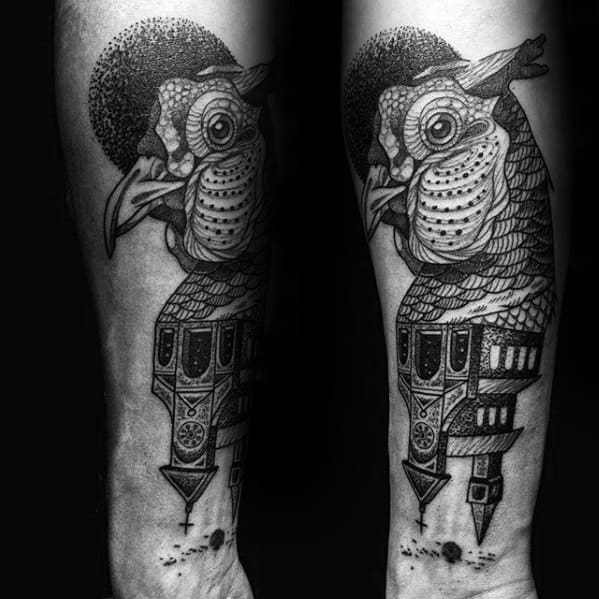 Forearm Awesome Ink Pheasant Bird With Church Building Tattoos For Men