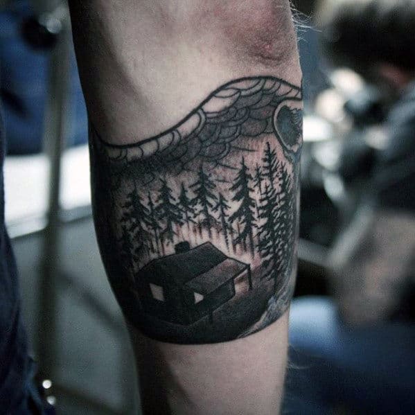 Forearm Band Mens Cabin In The Woods Tattoo Designs