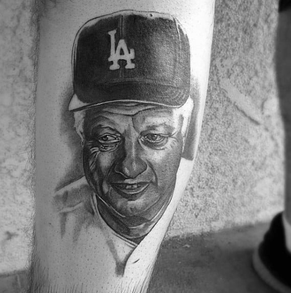 Forearm Baseball Coach Portrait Artistic Male Dodgers Tattoo Ideas