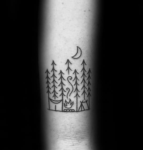 Forearm Black Ink Minimalistic Camping Tattoos Men