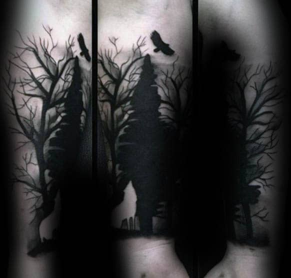 Forearm Black Ink Silhouette Tree Tattoo On Male