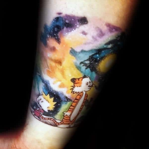 Forearm Calvin And Hobbes Outer Space Male Tattoos