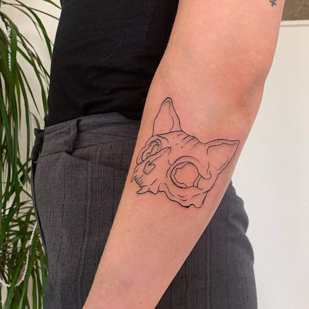 Cat skull tattoo outlined on the forearm