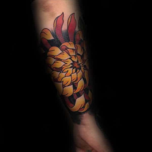 Forearm Chrysanthemum Yellow Floral Male Tattoo Design Ideas