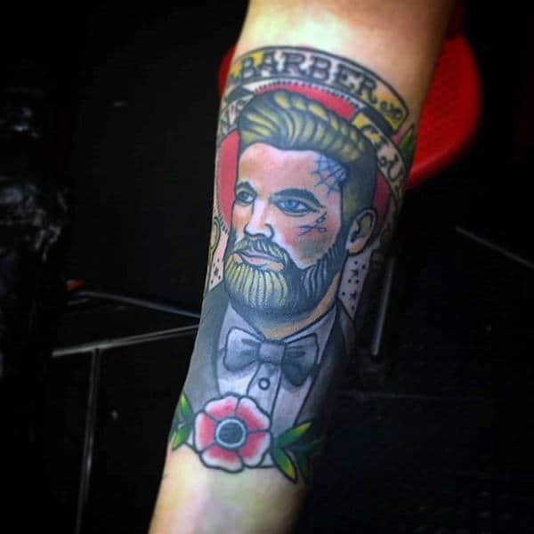 Forearm Color Barber Tattoo On Man