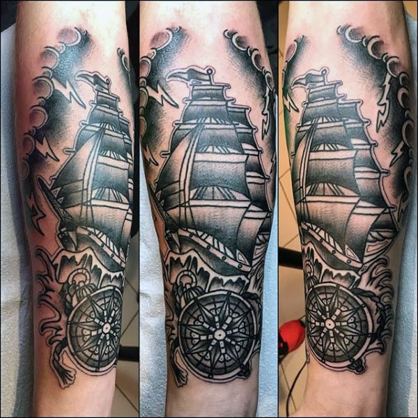 Forearm Compass And Sailing Ship Mens Traditional Tattoo Designs