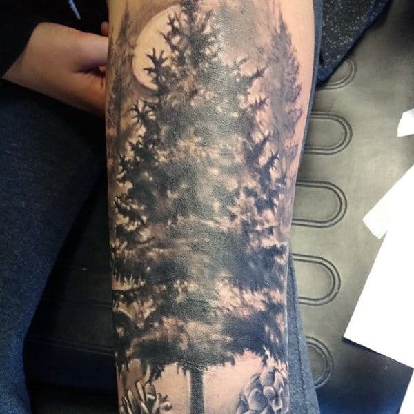Forearm Creative Men's Pine Tree Tattoo In Black Ink