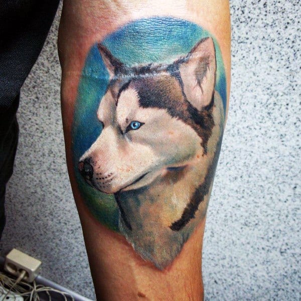 Realistic Siberian Husky tattoo on a man's leg, featuring blue eyes and a soft background in shades of blue and green.