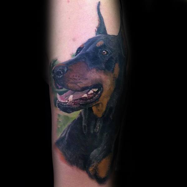 Lifelike color Doberman tattoo featuring a happy expression, natural fur tones, and a soft green background for added depth.