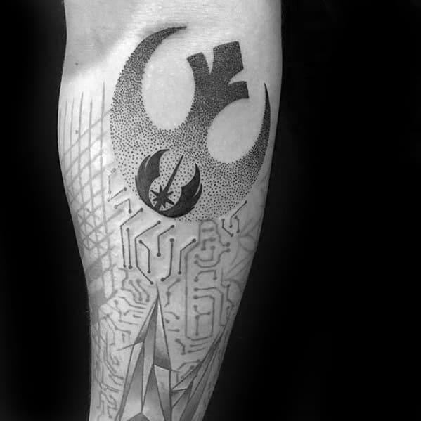 Forearm tattoo of a dotted Rebel Alliance symbol with a circuit pattern and geometric shapes below