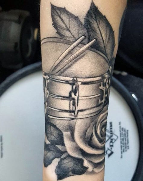 Forearm Drums With Rose Flower Guys Tattoo