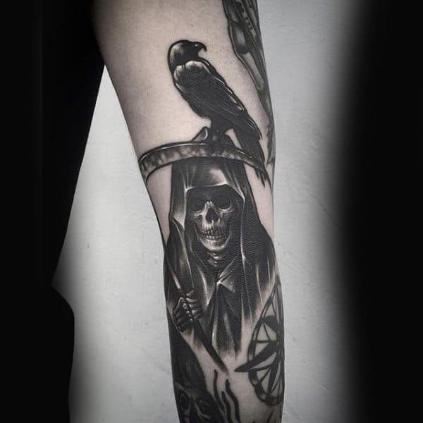 Forearm Grim Reaper With Crow Tattoo For Men