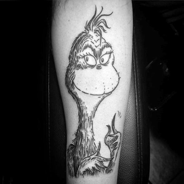 Black-and-white outline of the Grinch holding a cup, with intricate details and sketch-like shading, creating a mischievous yet simple tattoo design.