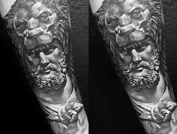 Forearm tattoo for men featuring a hyper-realistic lion and bearded warrior design in black and grey shading.
